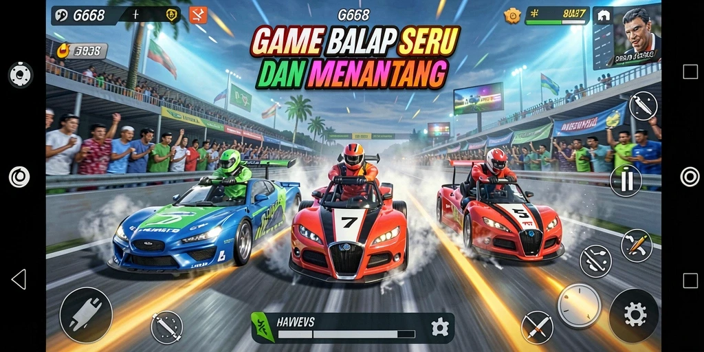 Tampilan gameplay seru G668 saat balapan di lintasan.