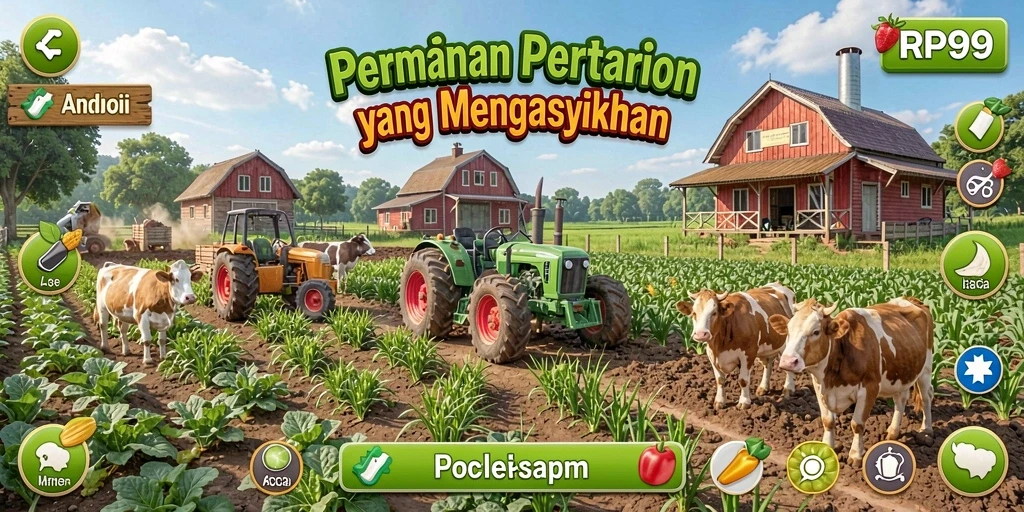 Tampilan gameplay RP99 yang menampilkan suasana pertanian yang asri.