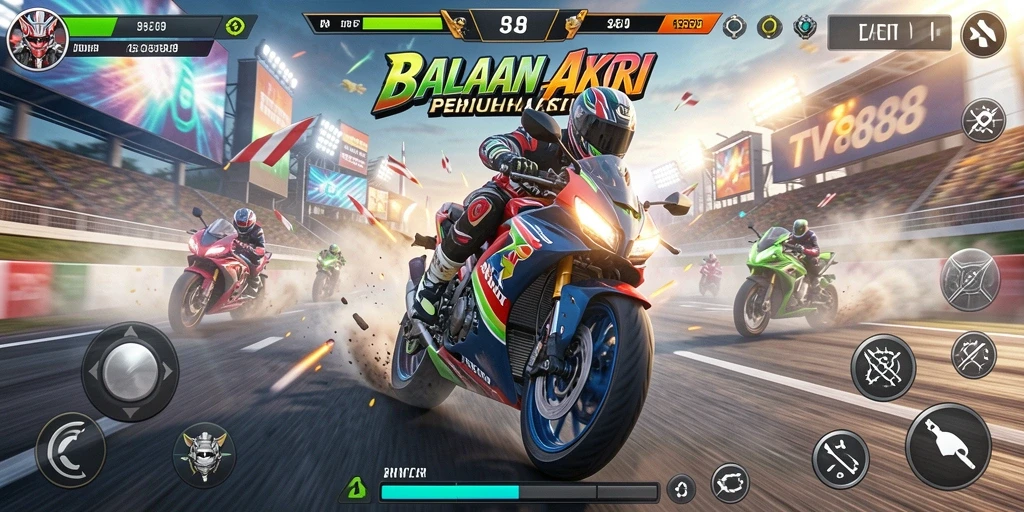 Tampilan gameplay TV888 yang seru dalam balapan motor.